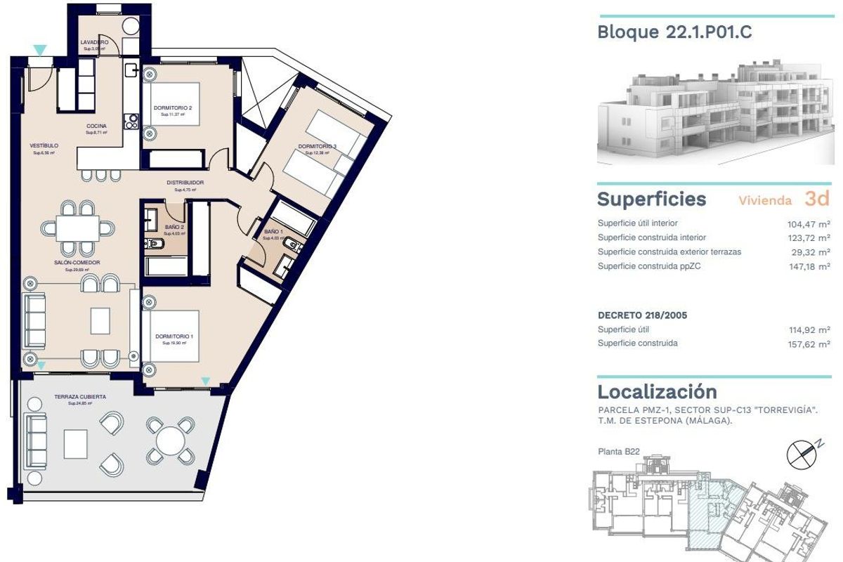 Plattegrond van een modern 3-slaapkamer appartement in Estepona, Costa del Sol, met indeling en afmetingen.