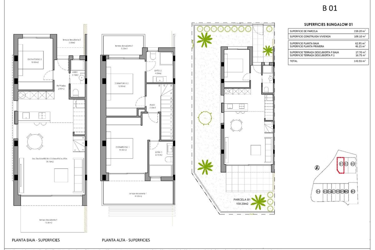 Plattegrond van een 3-slaapkamer townhouse in Finestrat, toont de indeling van de kamers en het ontwerp van de buitenruimte.