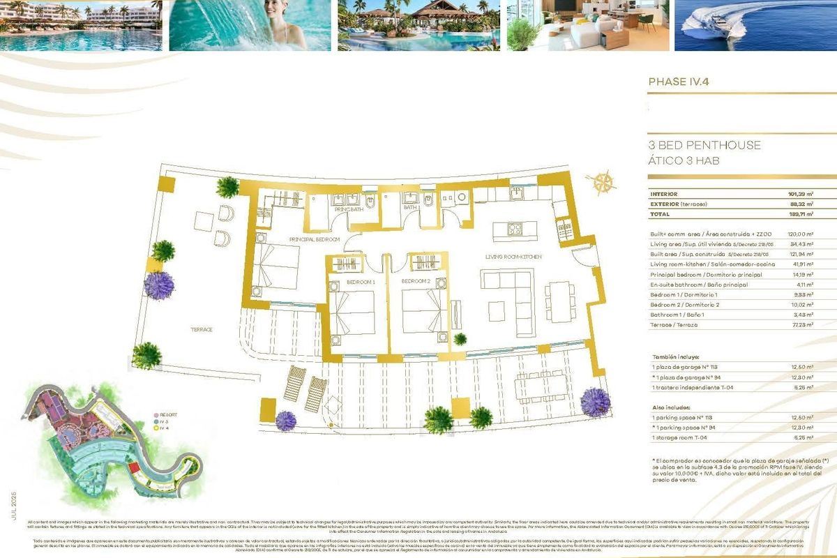 Plattegrond van een 3-slaapkamer penthouse, met een ruime indeling in Mijas, Costa del Sol.