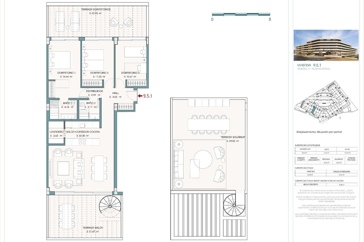 Plattegrond van een 3-slaapkamer penthouse in Estepona, met lay-out en afmetingen van de kamers.