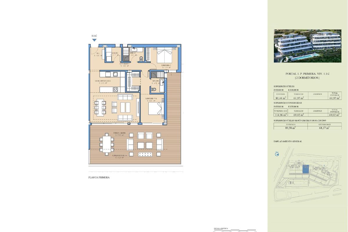 Plattegrond van een 2-slaapkamer appartement in Estepona, Costa del Sol, met indeling van leefruimtes en slaapkamers.