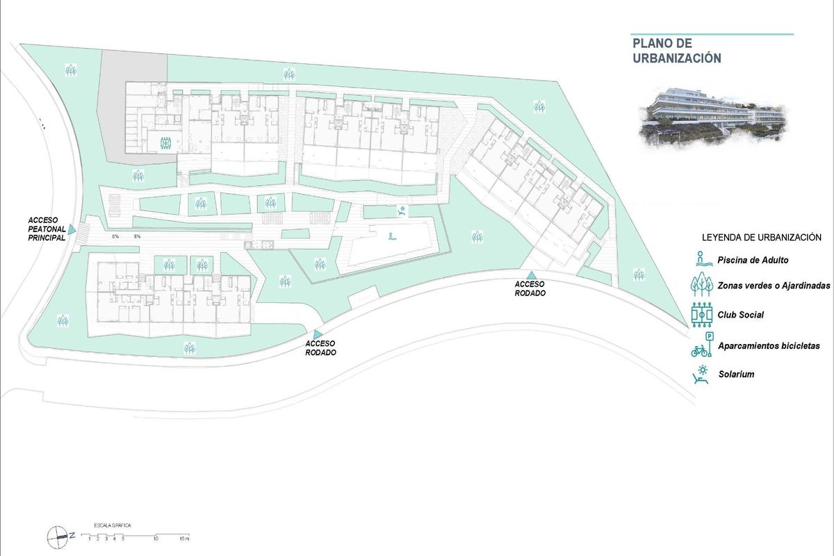 Stedenbouwkundige indeling van het Estepona onroerend goed, met verschillende voorzieningen en groene ruimtes.