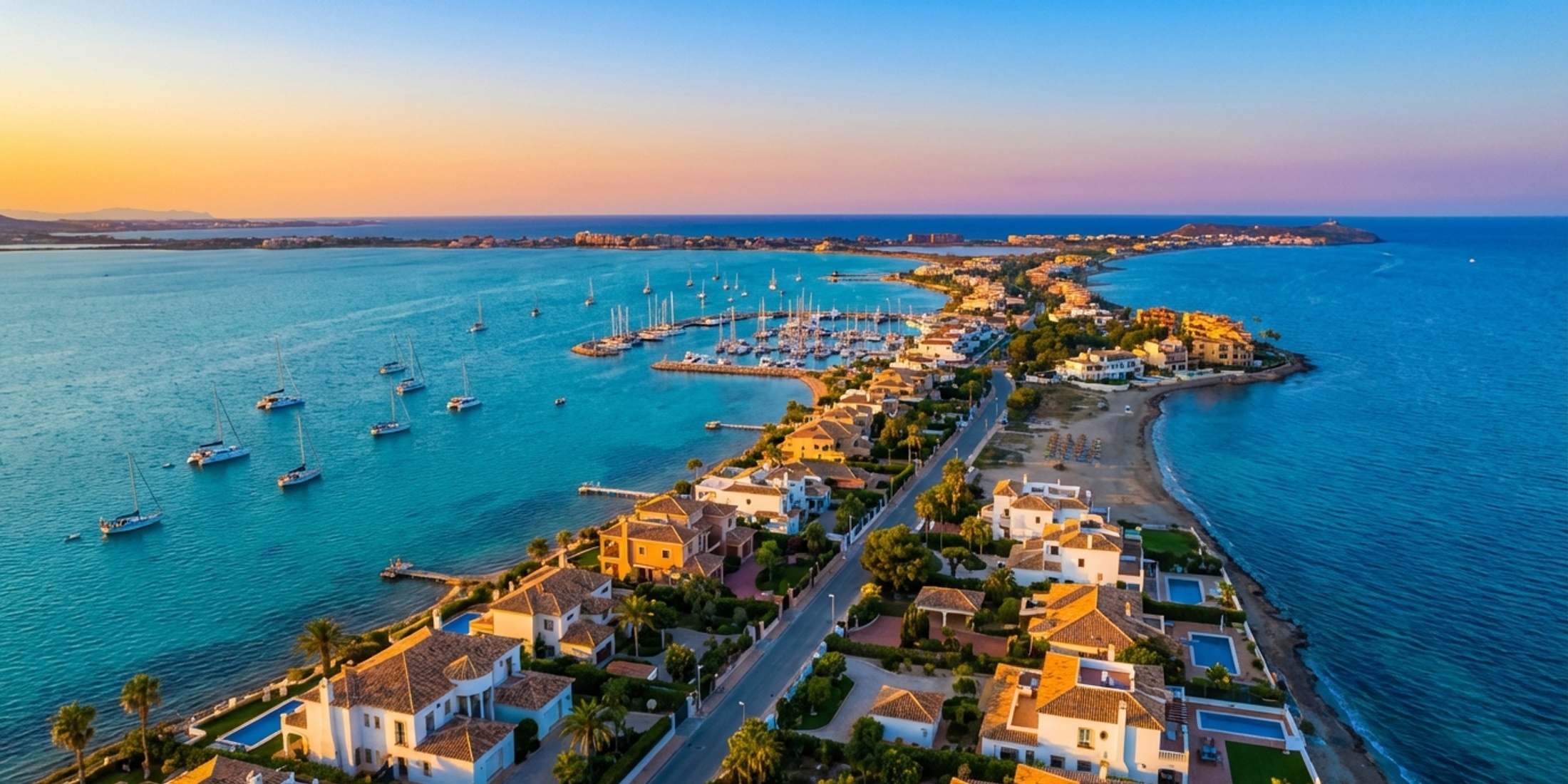 Aerial view of Mar Menor lagoon and La Manga strip at sunset