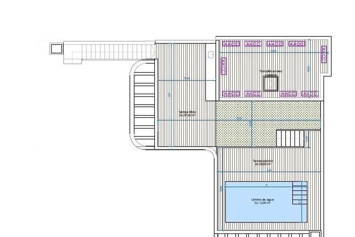 Bovenste plattegrond van een 3-slaapkamer penthouse met terras en zwembad in Guardamar del Segura, Spanje.