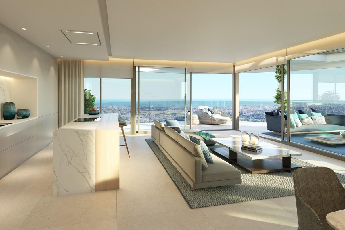 Contemporary open-plan woonkamer in het penthouse, met prachtig uitzicht en een strakke keukenindeling.