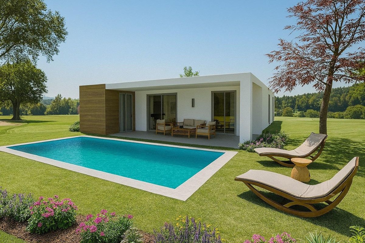 Exterior view of a modern villa in Monforte del Cid with a pool and garden seating area.