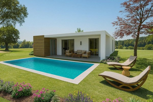 Exterior view of a modern villa in Monforte del Cid with a pool and garden seating area.