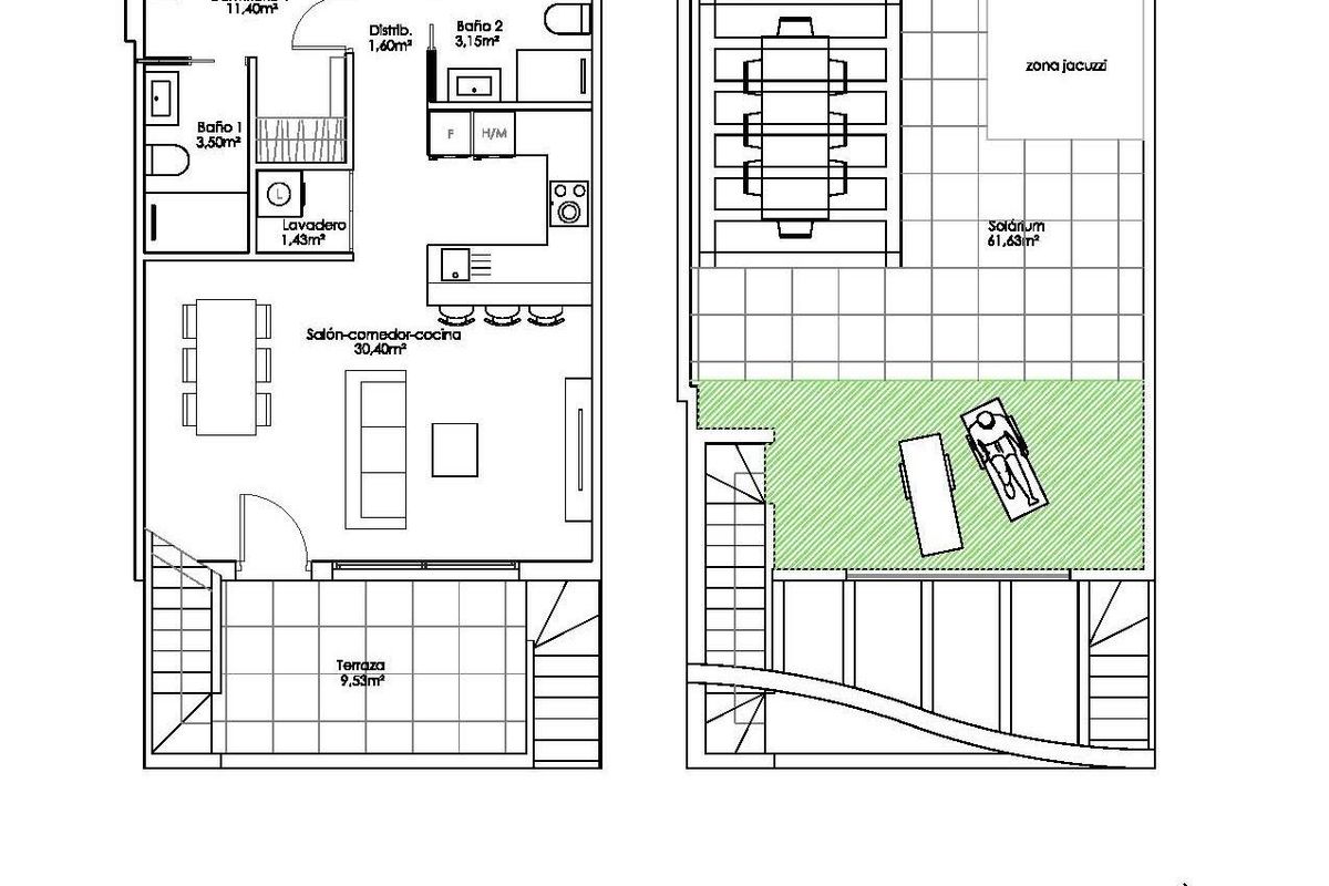 Plattegrond van een 2-slaapkamer bungalow indeling met woon- en eetruimtes in Pilar de La Horadada, Costa Blanca.