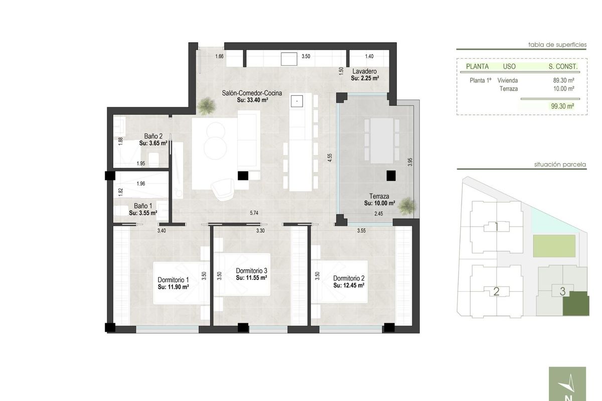 Plattegrond van een ruim 3-slaapkamer appartement in San Pedro del Pinatar, met moderne voorzieningen.