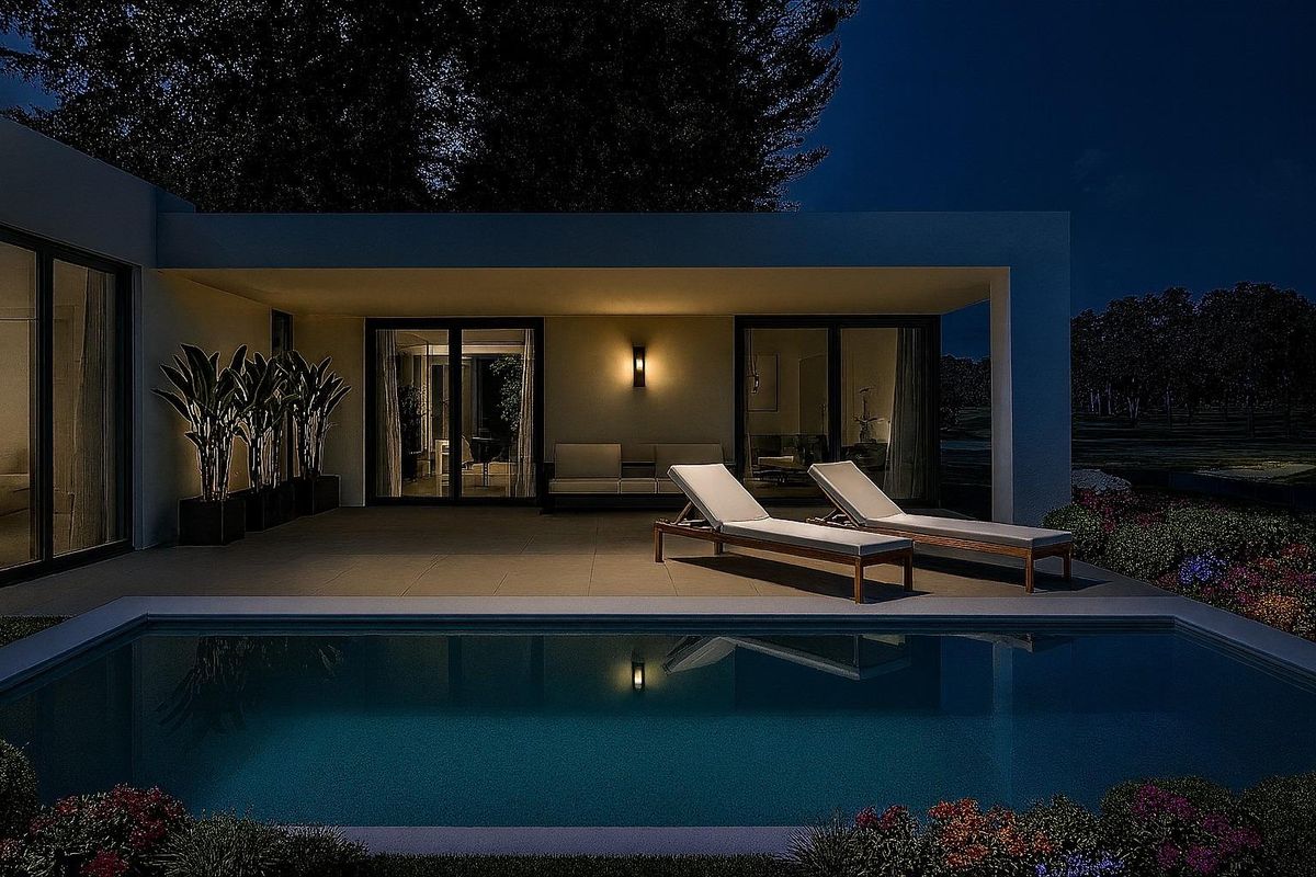 Elegante nachtzicht op de villa in Hondón de las Nieves, met een zwembad en een gezellige loungehoek.