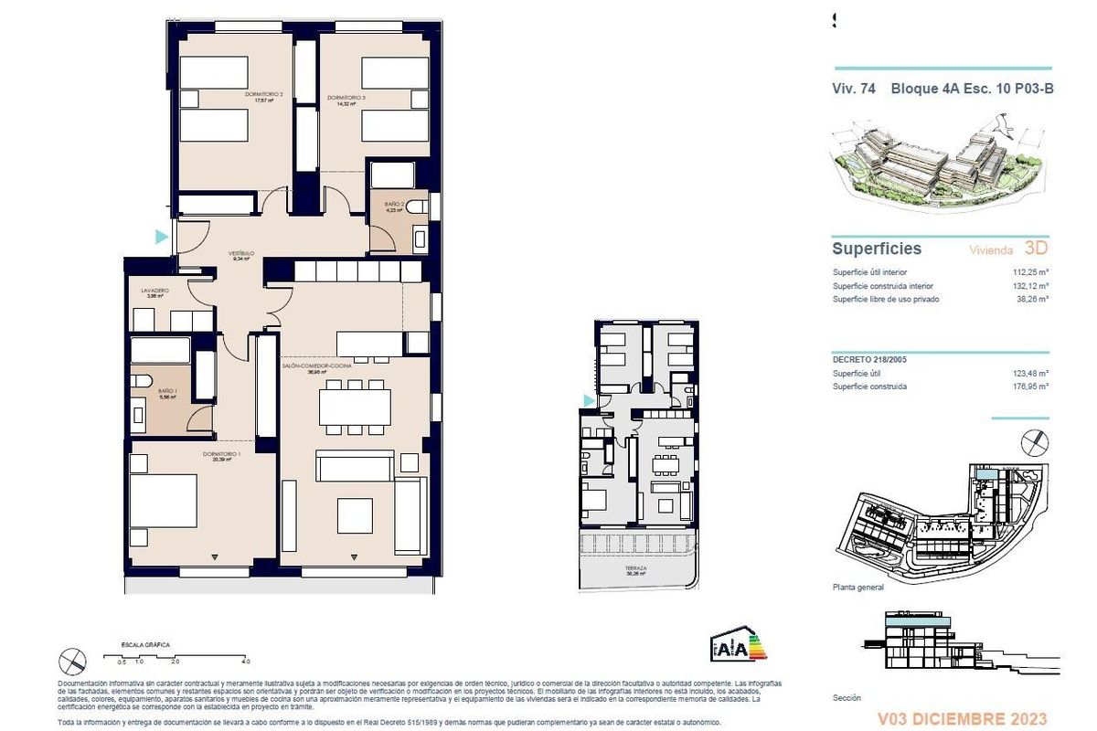 Plattegrond van een 3-slaapkamer penthouse in Estepona, Costa del Sol, met kamerafmetingen en voorzieningen.