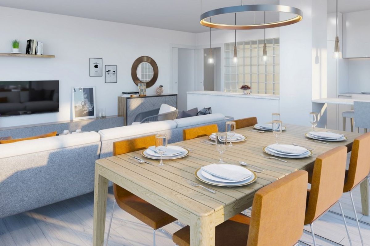 Chic eet- en keukenruimte met een stijlvolle afwerking, gelegen in appartement Orihuela Costa.