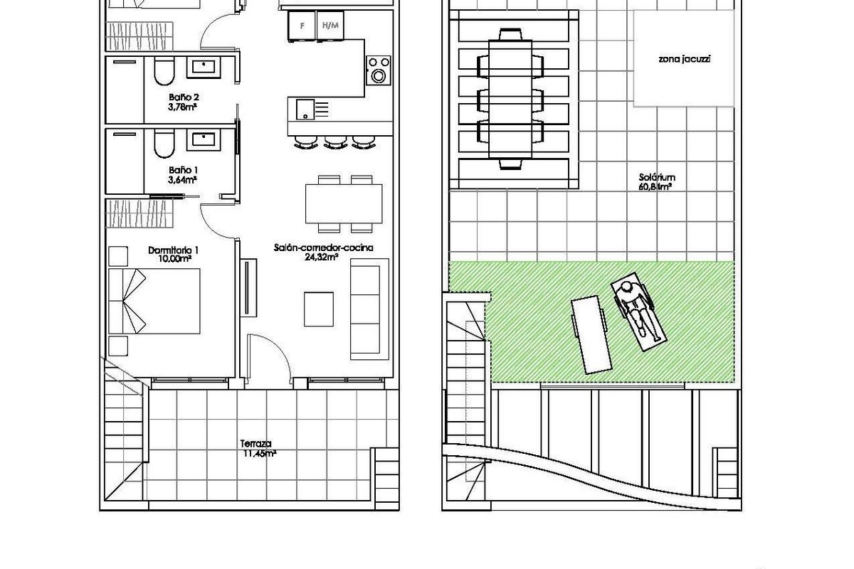 Plattegrond met indeling van een bungalow met 3 slaapkamers en woonruimtes in Pilar de La Horadada.