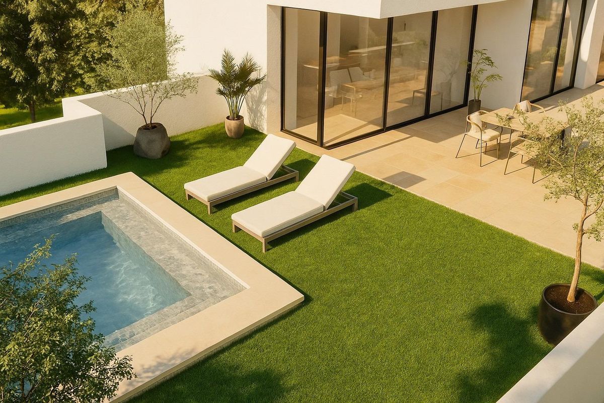 Luchtfoto van het kleine zwembad en loungeruimte op het terras van het moderne appartement in Estepona.