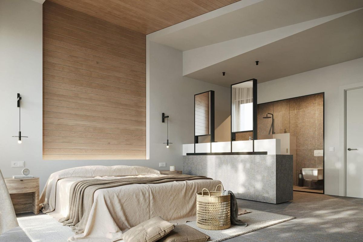 Stijlvolle slaapkamer met houten elementen en een eigen badkamer, onderdeel van een 3-slaapkamer villa in Mijas.