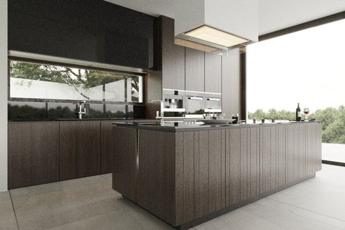 Contemporary keuken in de 3-slaapkamer villa, met elegante ontwerpen en uitzicht op de groene omgeving van Altea.