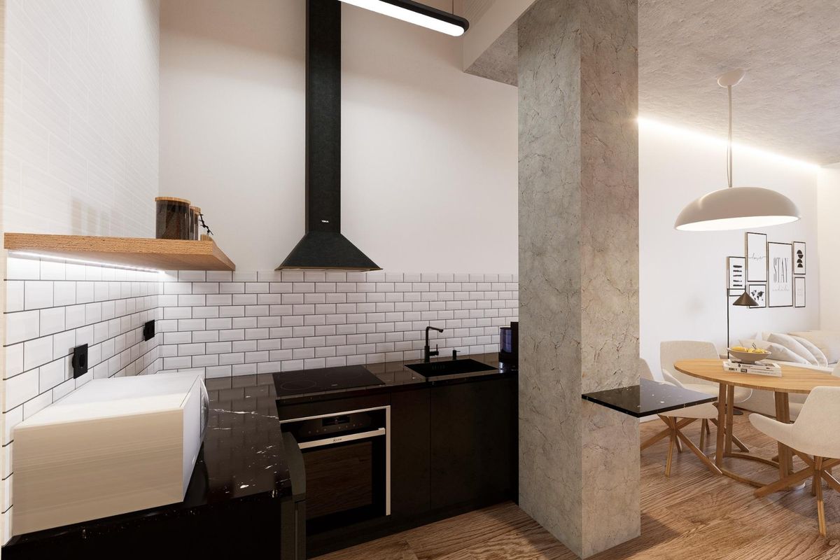 Stijlvolle keukencorner met apparaten in een hedendaags appartement gelegen in Alicante.