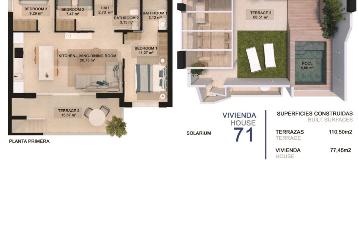 Plattegrond die de indeling van de 3-slaapkamer bungalow in Pilar de La Horadada toont, inclusief kamers en terras.