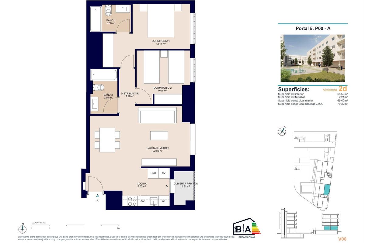 Plattegrond van een appartement met 2 slaapkamers op de begane grond in Alicante, met ruime woonruimten en slaapkamers.