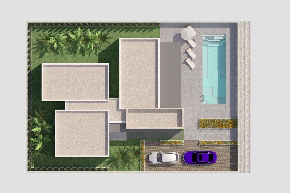 Bovenaanzicht dat de indeling van de 3-slaapkamer villa in Benijofar toont, inclusief zwembad en tuin.