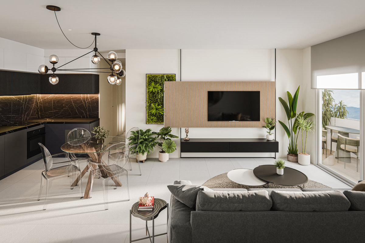 Visualisatie van de woonkamer – Nature Resort, San Miguel de Salinas