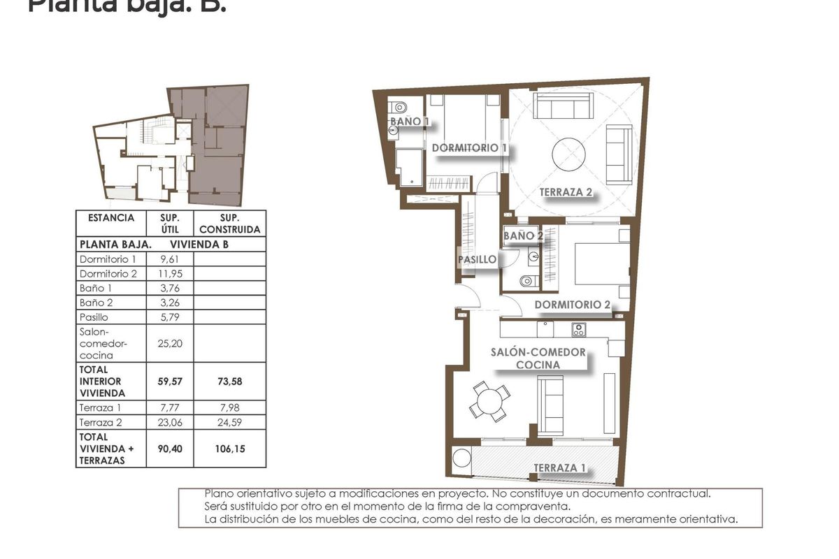 Plattegrond van een 2-slaapkamer appartement op de begane grond in Torrevieja, Costa Blanca, met indeling.