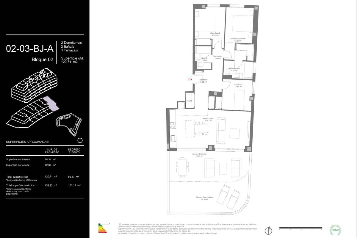Architectonische plattegrond voor 2-slaapkamer appartement in Mijas, met kamers, terras en totale gebruiksoppervlakte van 120,71 m²