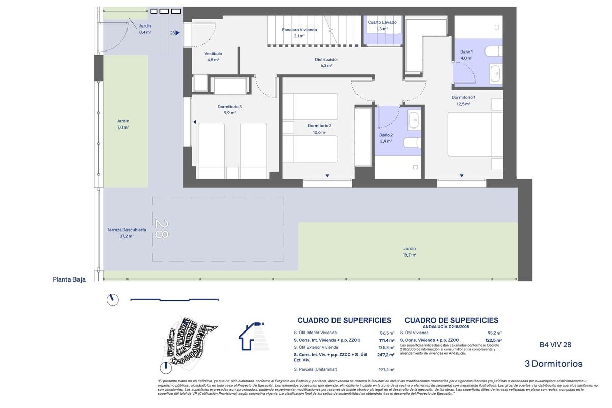 Plattegrond van een 3-slaapkamer townhouse met lay-out en voorzieningen in Vélez Málaga, Costa del Sol.