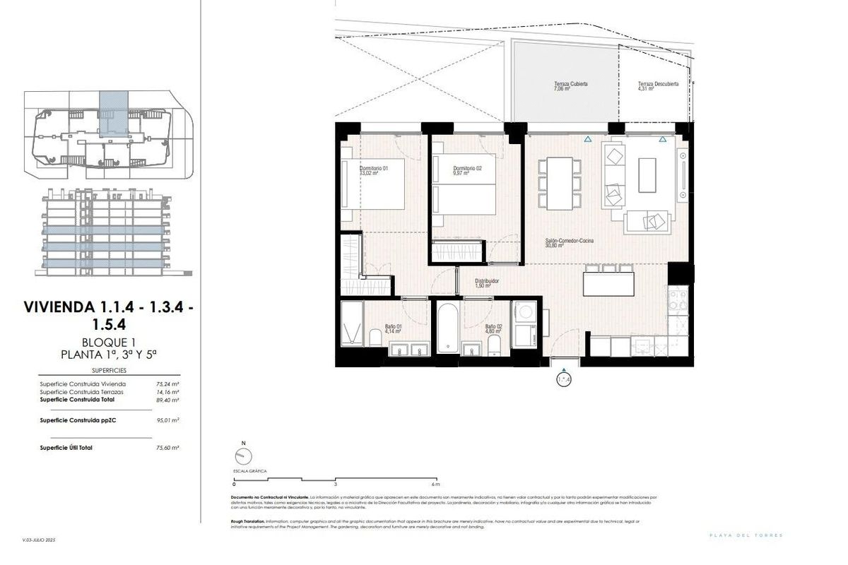 Plattegrond van het 2-slaapkamer appartement in Villajoyosa, met indeling van de woonruimtes en slaapkamers.
