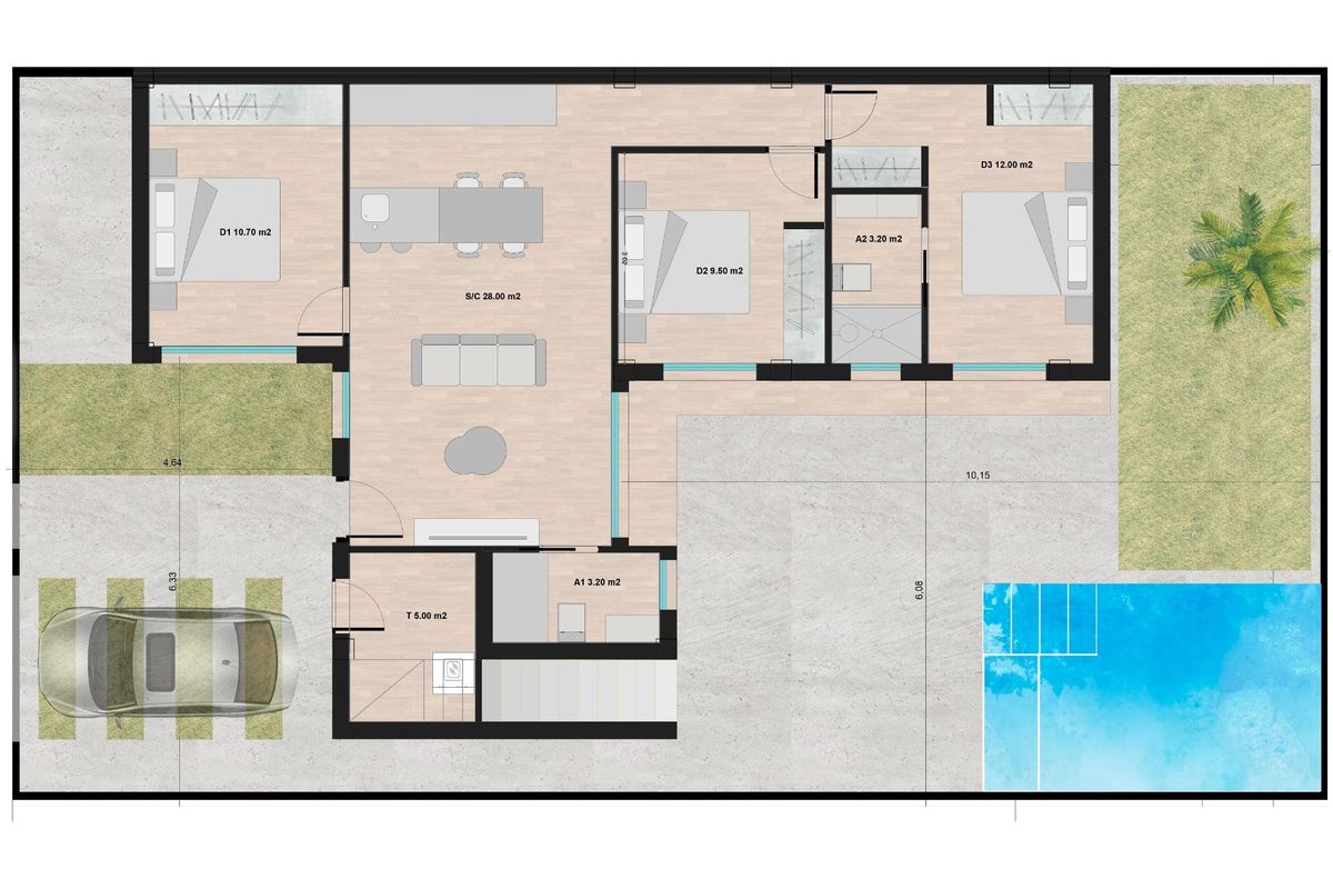 Plattegrond van een 3-slaapkamer herenhuis in Torre Pacheco, Costa Calida, Spanje.