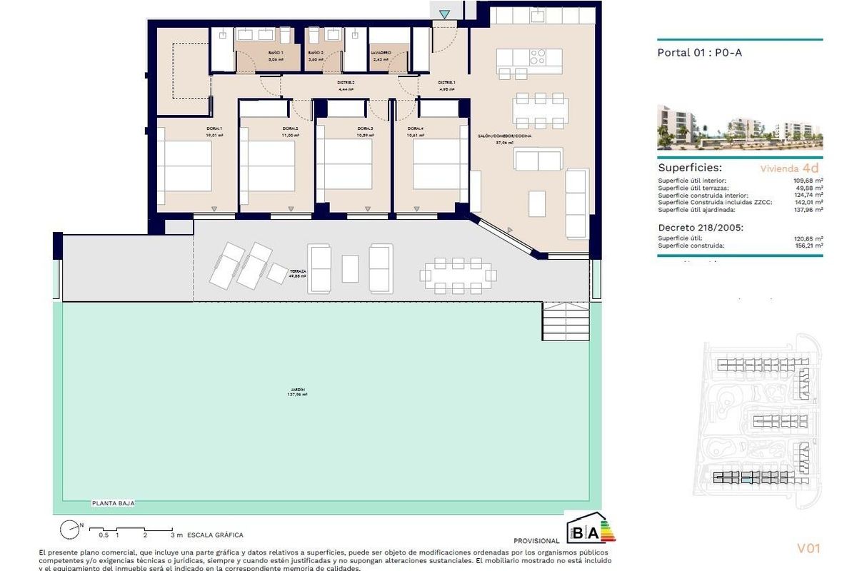 Gedetailleerde plattegrond van een 4-slaapkamerappartement op de begane grond in Almerimar, Costa de Almeria.