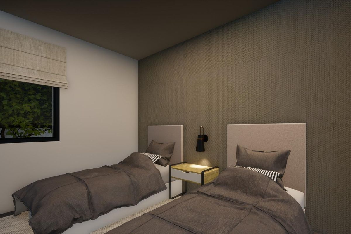 Modern twin room in a 3-bed villa in Pinoso, designed for comfort with thoughtful lighting and decor.