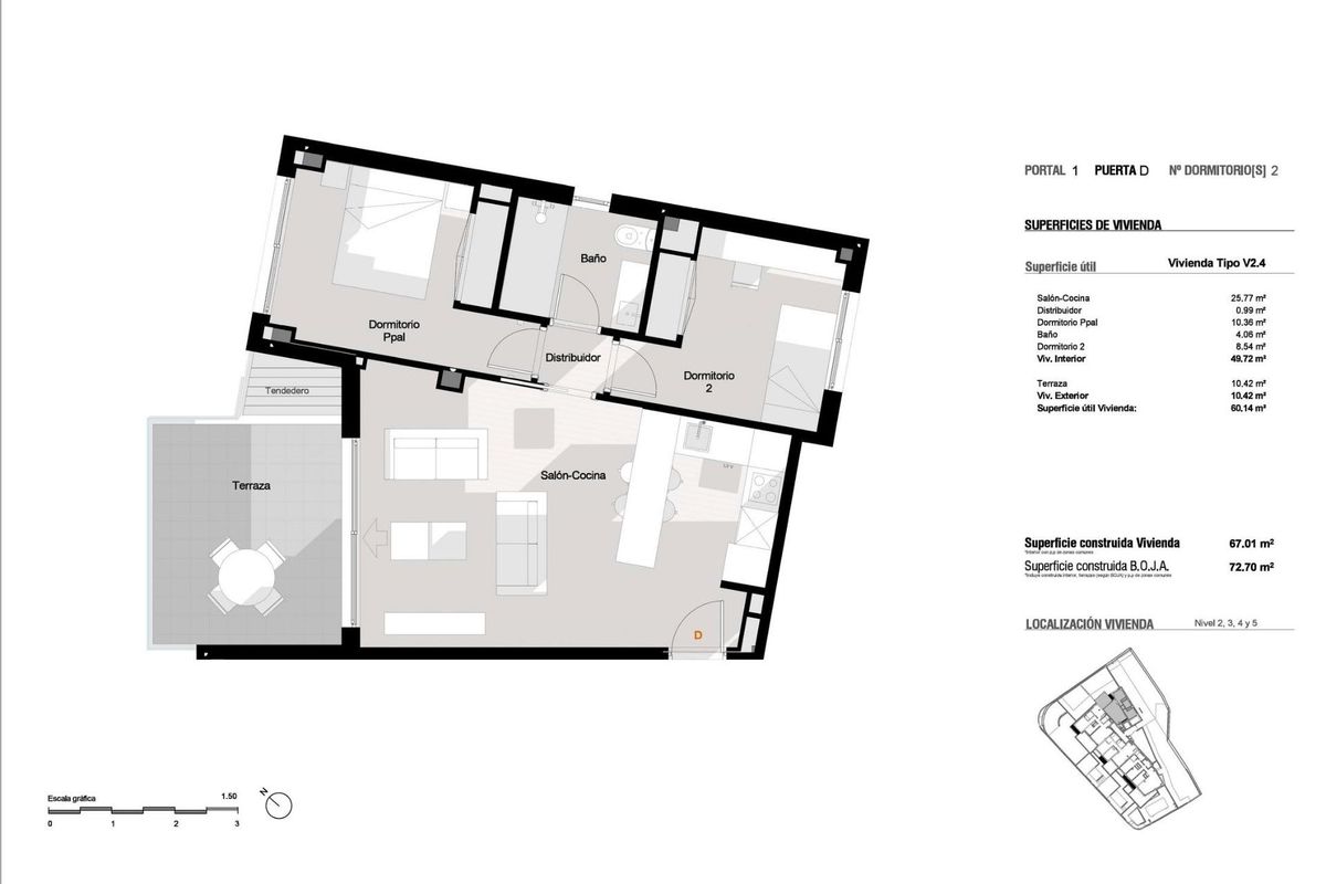 Plattegrond van een 2-slaapkamer appartement in Estepona, met details over indeling en afmetingen voor comfortabel wonen.