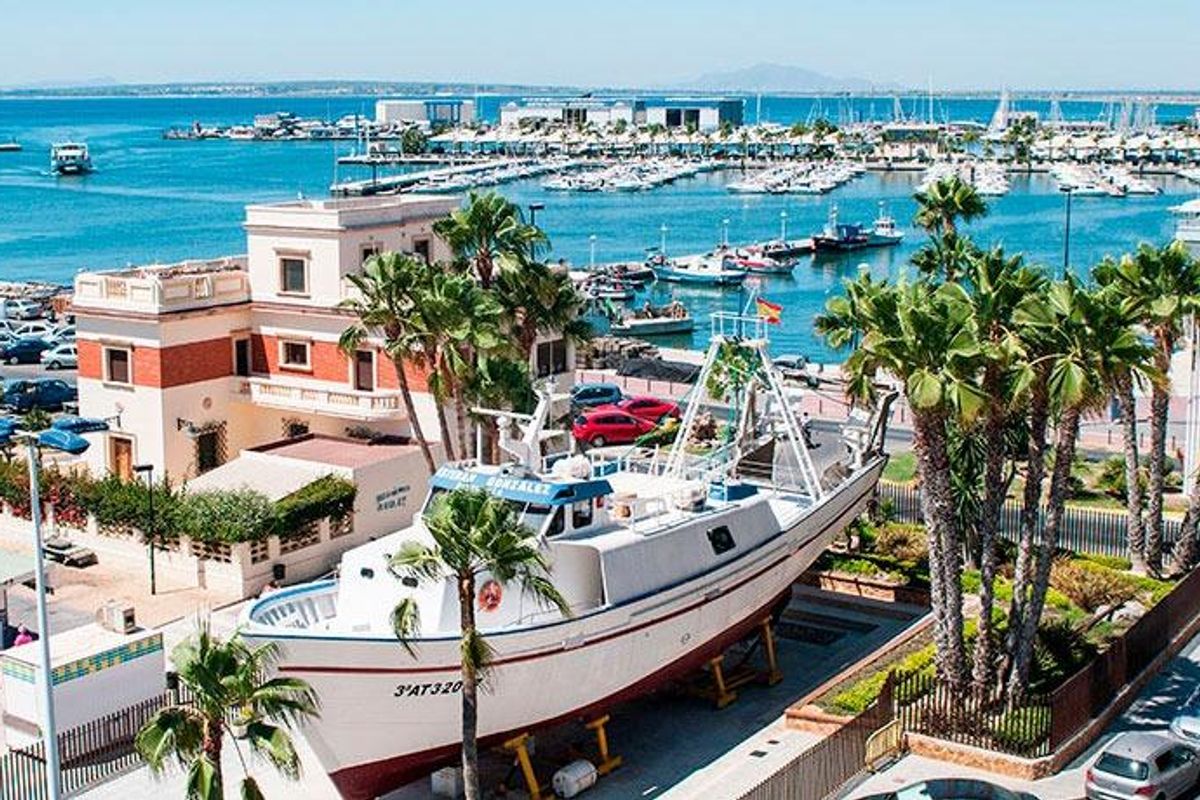 Uitzicht op de jachthaven van Santa Pola, met boten en palmbomen aan de waterkant.