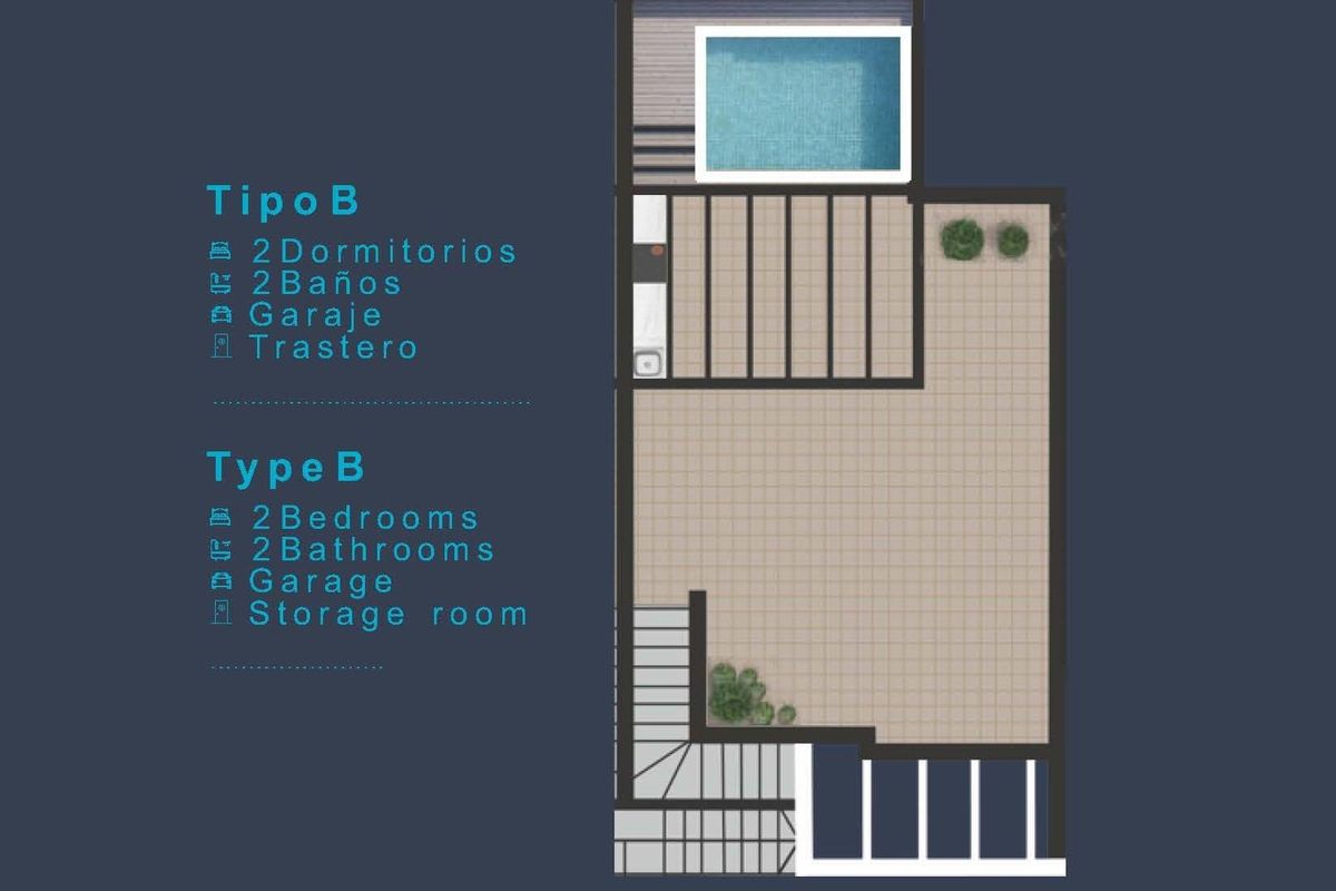 Plattegrond van een 2-slaapkamer bungalow in San Pedro del Pinatar, met twee badkamers en een garage.