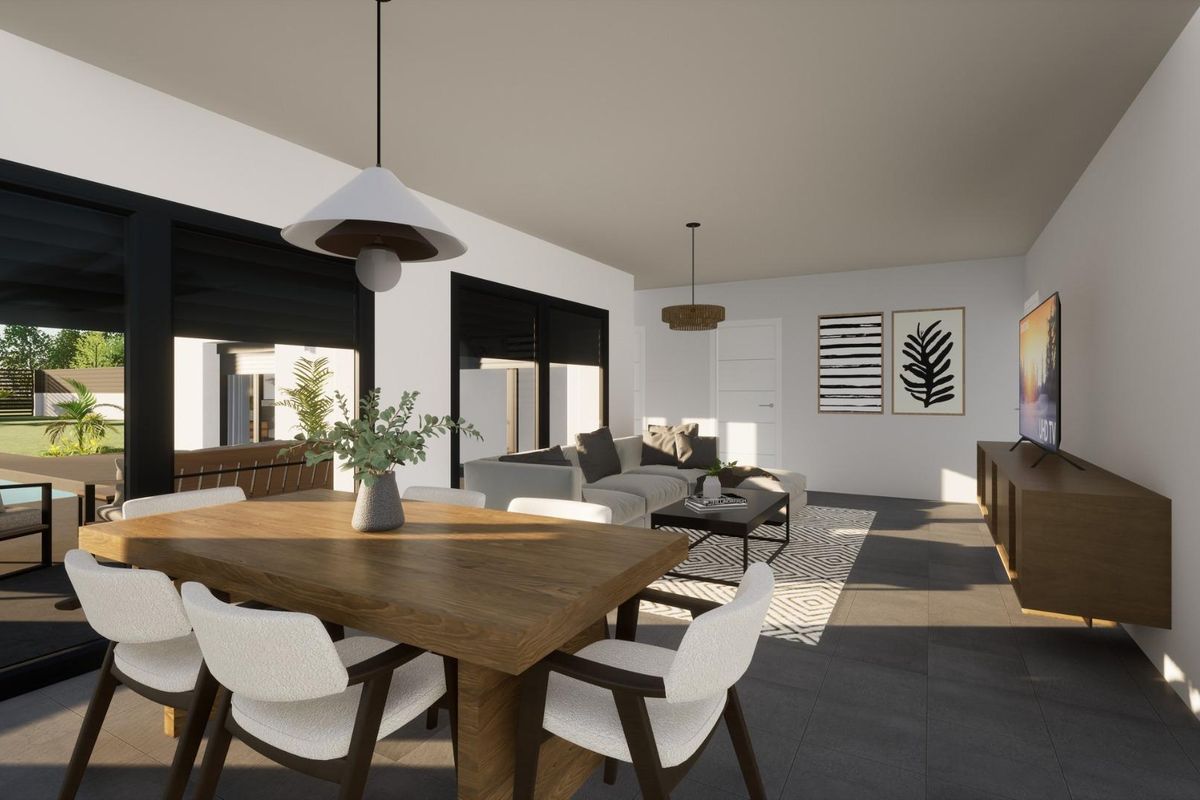 Dining area of the Pinoso villa, showcasing a wooden table and elegant decor with a view of the garden.