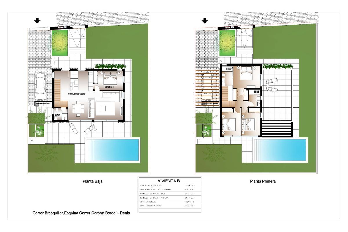 Gedetailleerde plattegrond van een andere 4-slaapkamer villa in Denia, met ruimtes en buitengebieden.