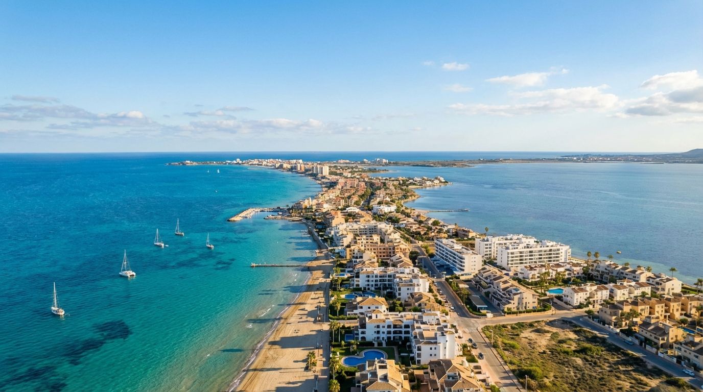 Luchtfoto van La Manga del Mar Menor die de Middellandse Zee en de lagune scheidt