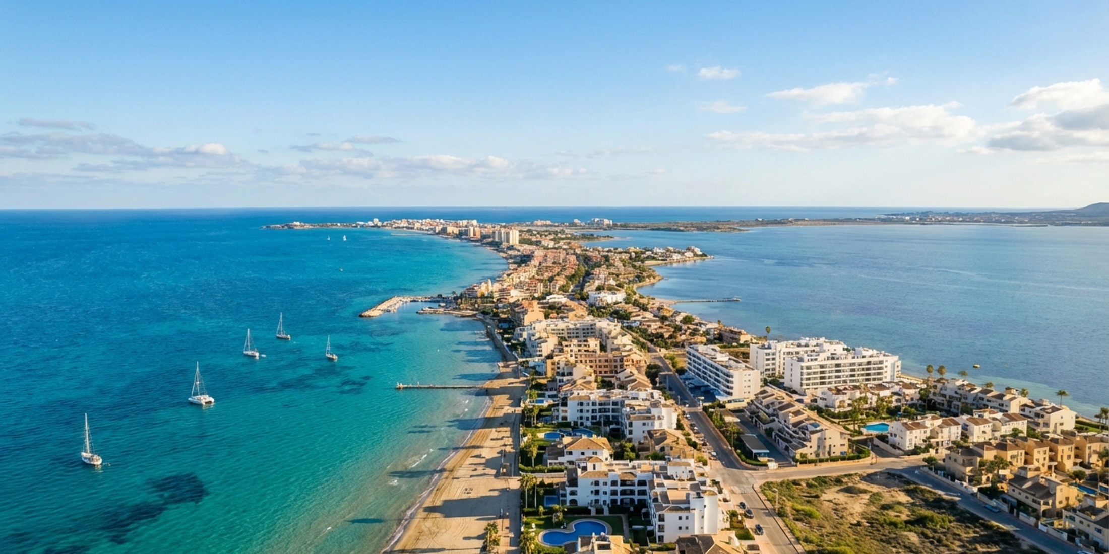 Luchtfoto van La Manga del Mar Menor die de Middellandse Zee en de lagune scheidt
