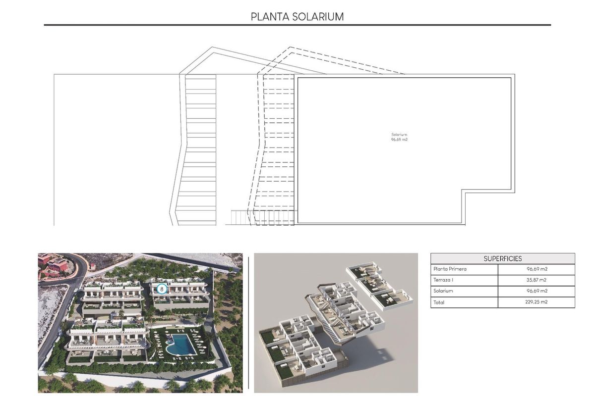 Plattegrond van het solarium van een 3-slaapkamer bungalow in Finestrat, met ruimte voor ontspanning.