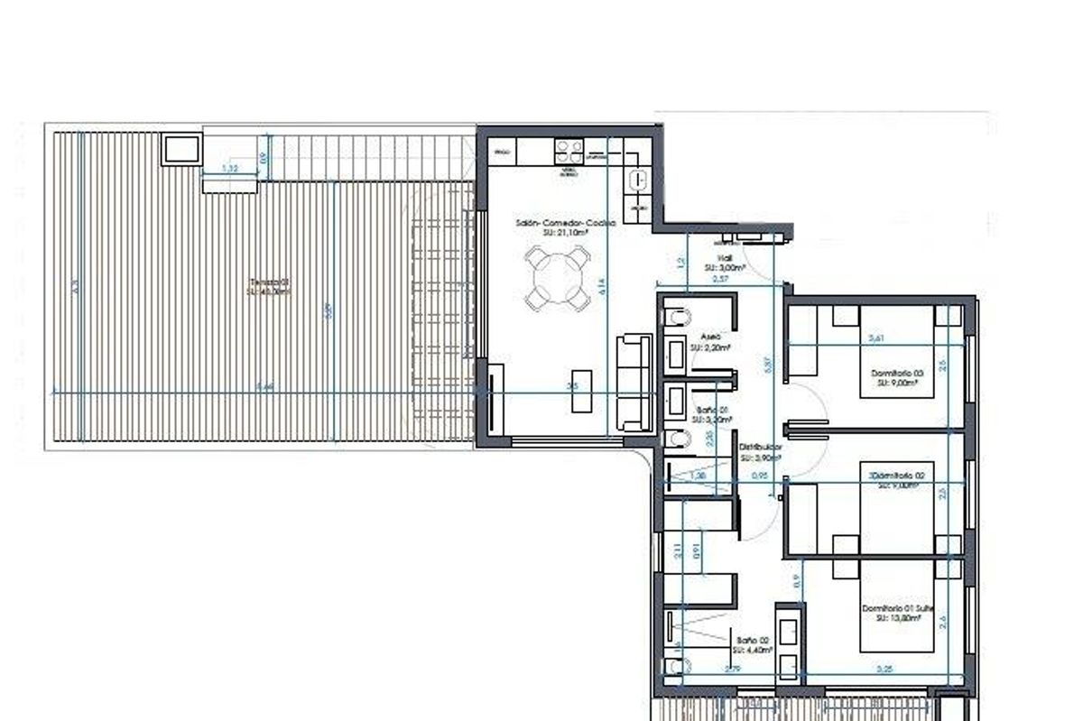 Plattegrond van een 3-slaapkamer penthouse in Guardamar del Segura, met een ruime indeling en terras.