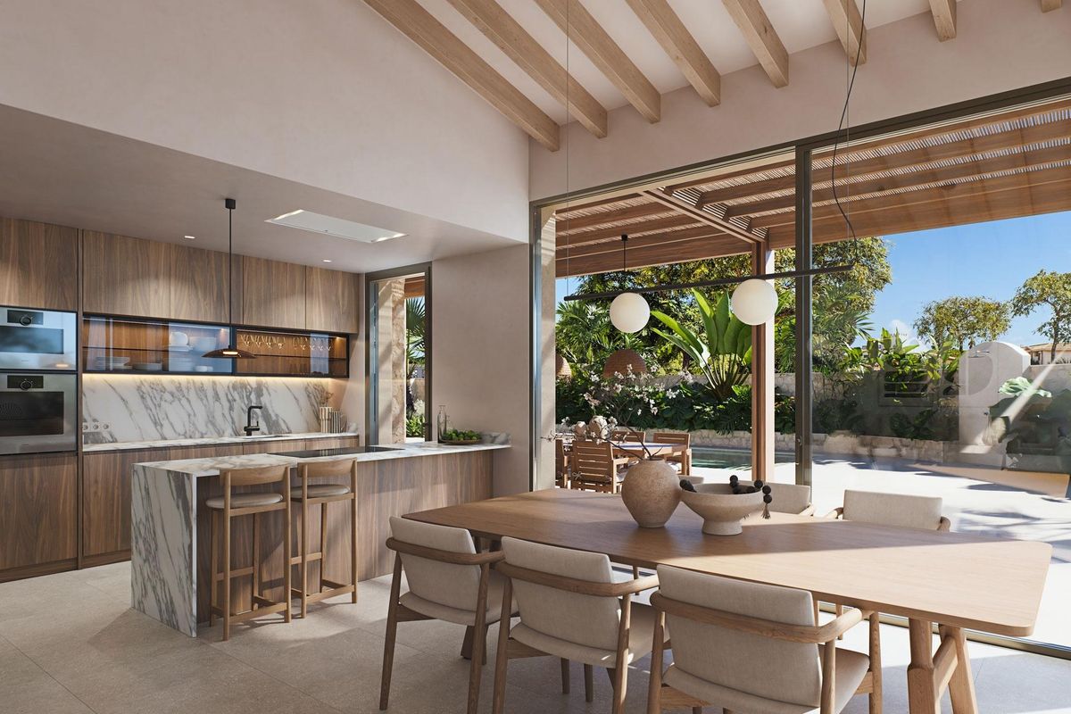 Moderne keuken en eetruimte met uitzicht op de tuin in een 3-slaapkamer villa in Cabo de Palos.