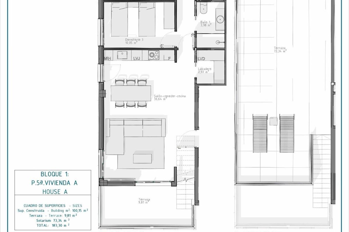 Plattegrond van de 3-slaapkamer penthouse in Vera, Costa de Almeria, met weergave van indeling en ontwerp.