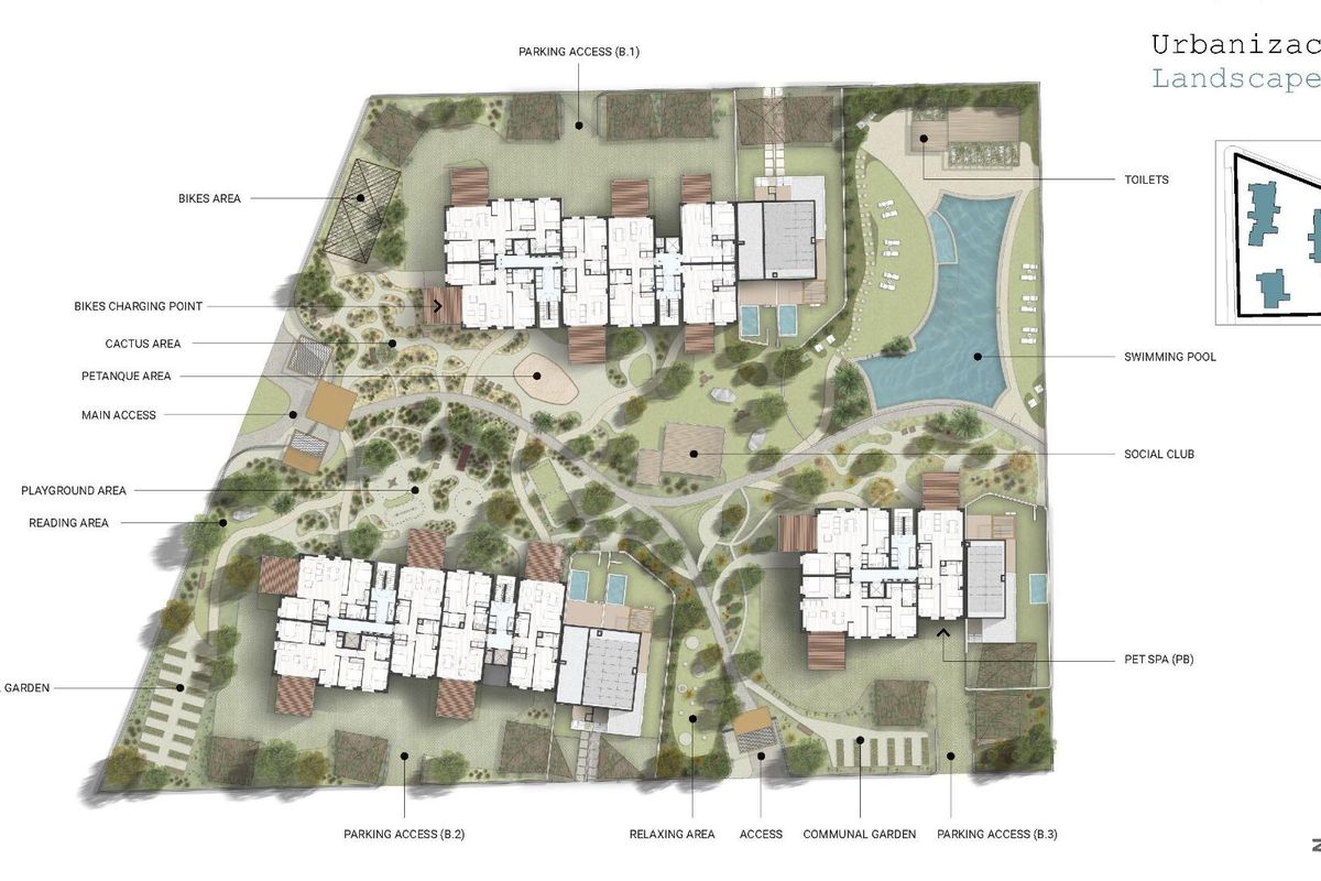 Plattegrond van een 2-slaapkamer appartement in El Verger, Costa Blanca Noord, met voorzieningen en inrichting.