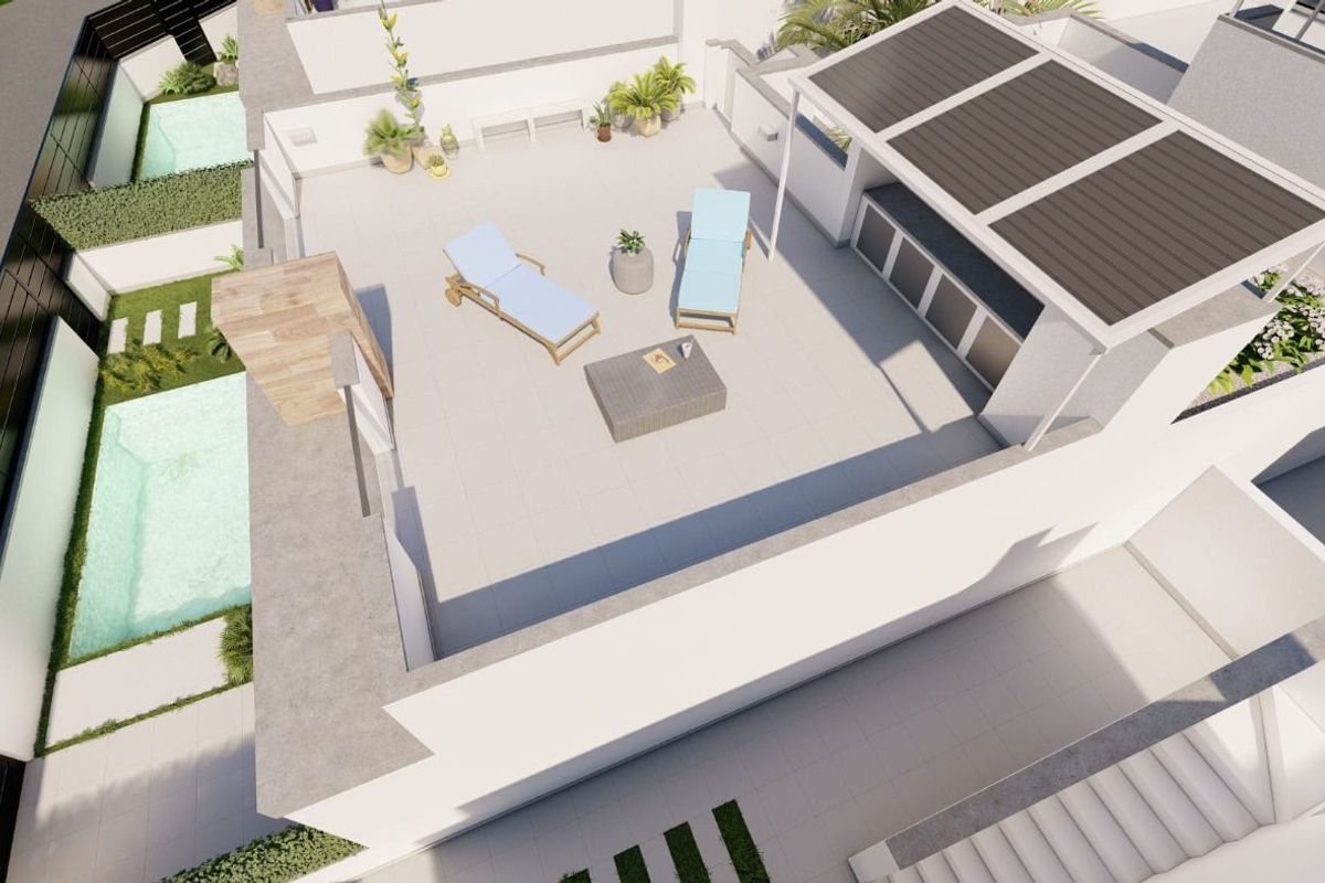 Luchtfoto van het terras en het zwembad van een 2-slaapkamer townhouse in Torre Pacheco, perfect voor ontspanning.