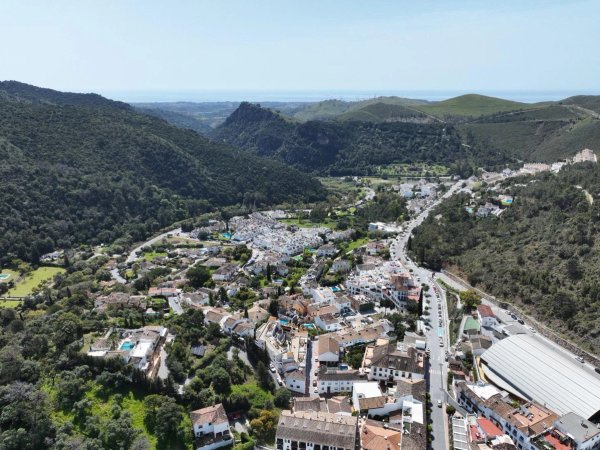 Aerial view of Benahavís with traditional architecture and greenery, showcasing Costa del Sol's landscape.