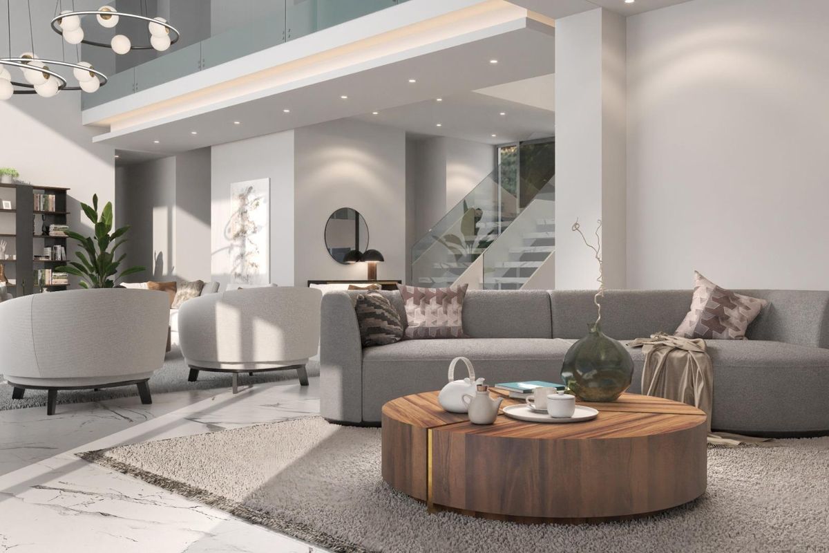 Moderne zithoek in een 6-slaapkamer villa in Benahavís, met elegante ontwerpen en een warme sfeer.