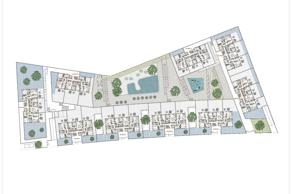 Ontwerp van de indeling van het woongebied in Finestrat, met appartementen en gemeenschappelijke voorzieningen.