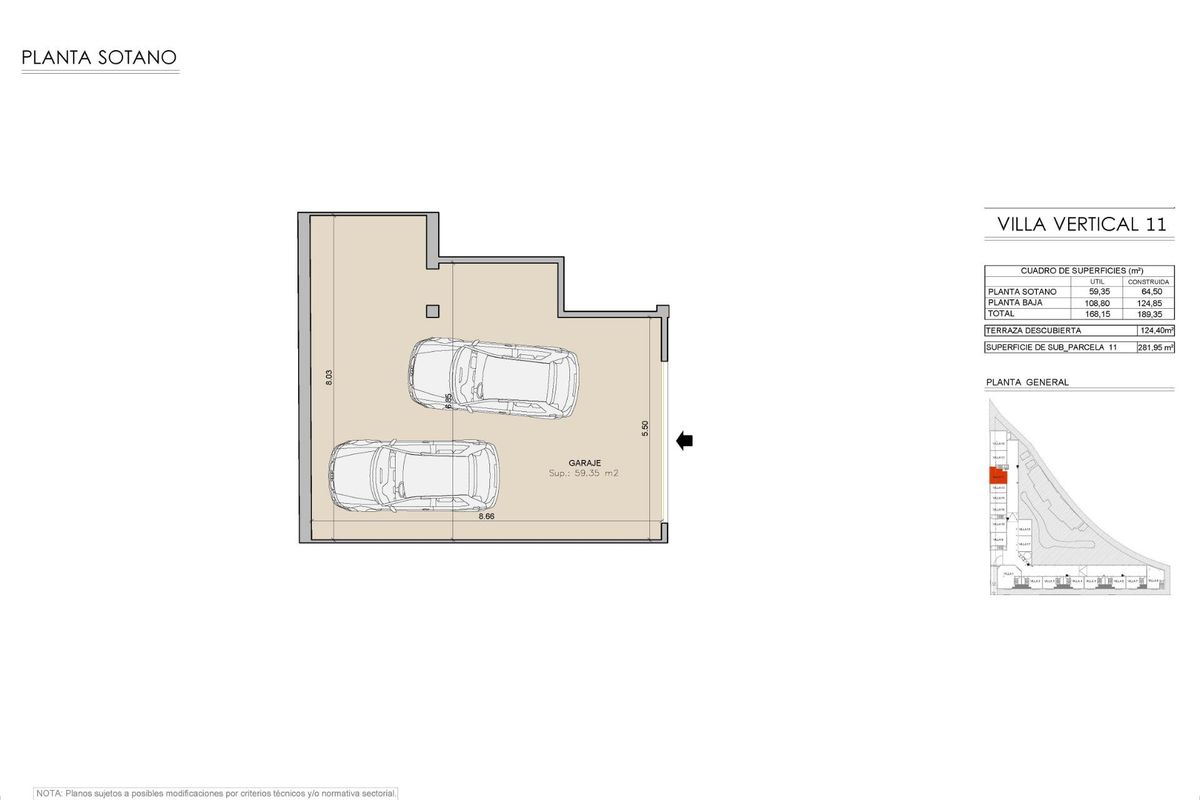 Vloerplan dat een garage-indeling weergeeft voor het appartement op de begane grond in San Juan de los Terreros, Costa de Almeria.