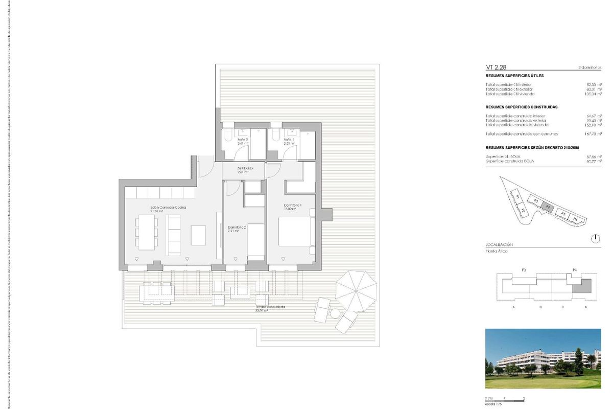 Plattegrond van een penthouse met 2 slaapkamers in Mijas, met de indeling en ruime ontwerpeigenschappen.